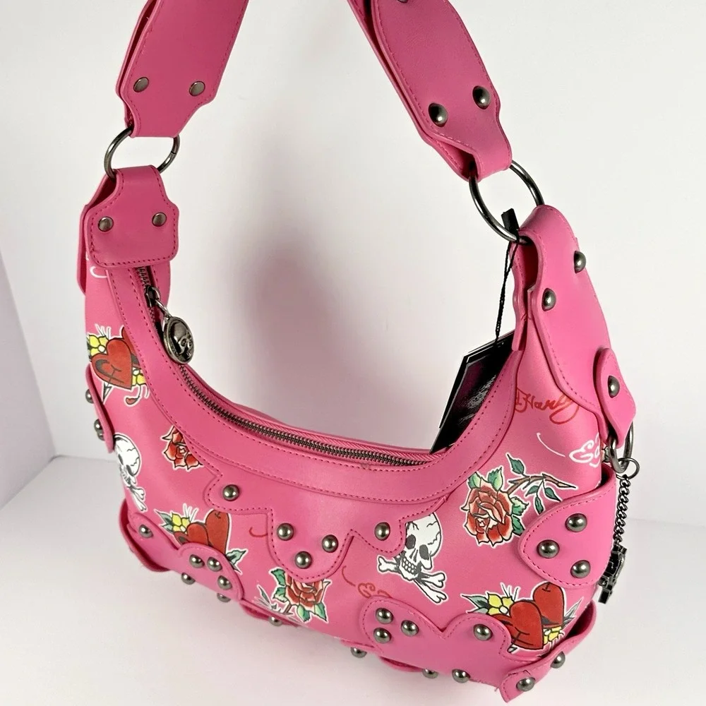 Ed Hardy Pink Tattoo Print Studded Hobo Shoulder Bag Skull Y2K Punk
